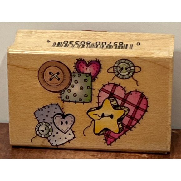 1997 Buttons & Patches Wood Mounted Rubber Stamp Hero Arts C1159 Sewing - Picture 1 of 4